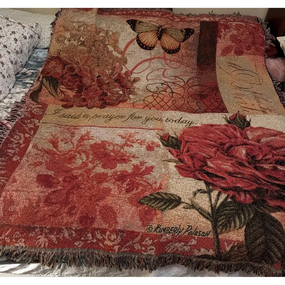 WOVEN TAPESTRY/ THROW KIMBERLEY POLOSON ARTIST BUTTERFLY & ROSE 50” X 60”.  EUC!